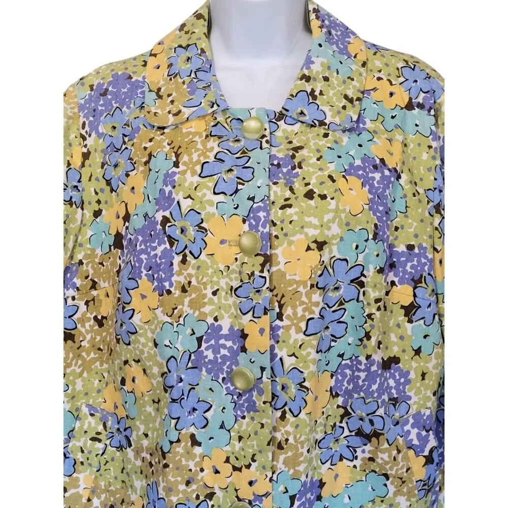 R.Q.T  Linen Blend Floral 70s Blazer Jacket Womens L Lined‎ Cottage Core Pockets